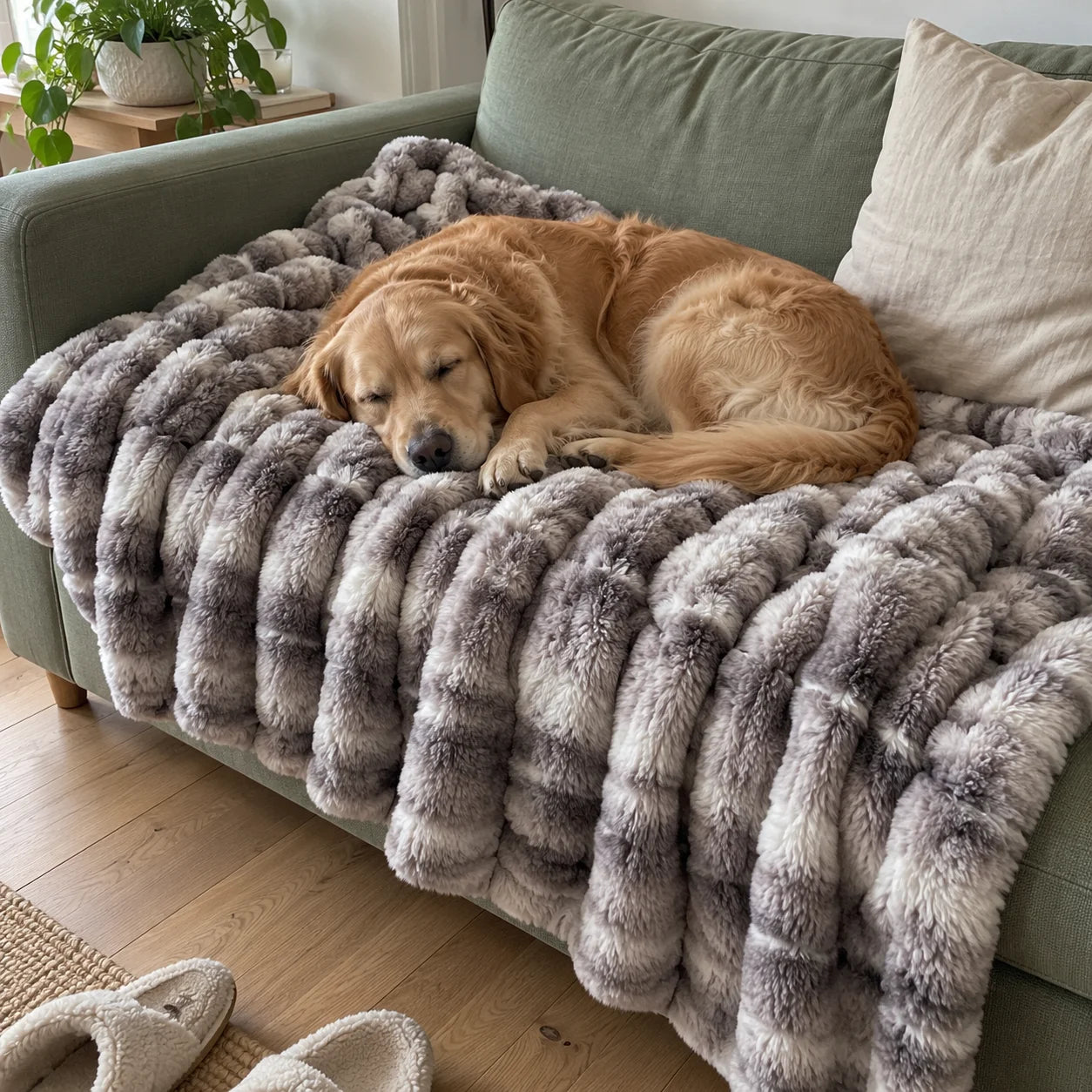 Golden retriever sover på en grå Cloud-filt i en grön soffa
