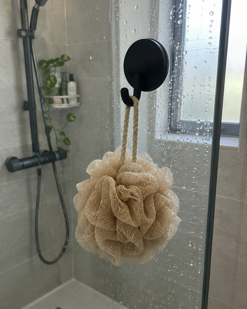 Svart Duvè-krok på en duschvägg i glas med en beige svamp