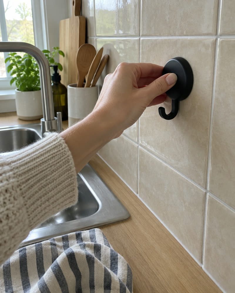 Hand som trycker fast en svart Duvè-krok på beige kökskakel