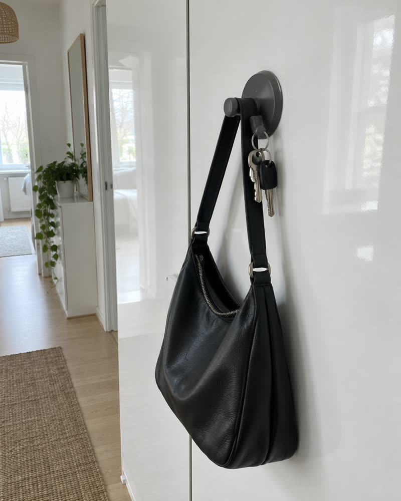 Duvè-krok i gunmetal på en vit garderobslucka med en svart väska och nycklar